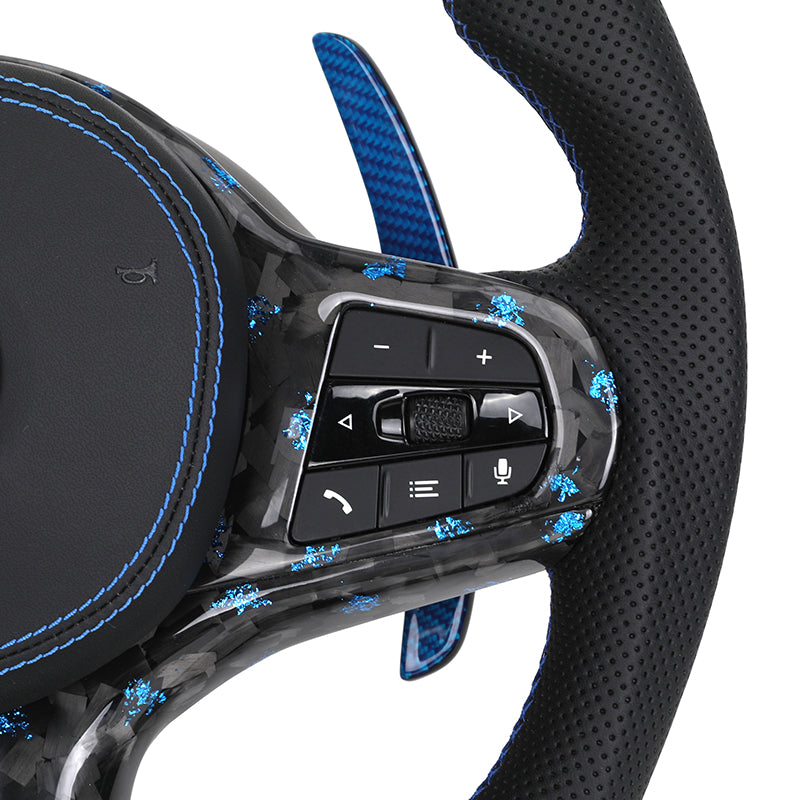 Volante BMW Deportivo en Carbono Forjado con Detalles Azules | Pantalla LED, Levas de Carbono Azul, Fondo Plano y Airbag