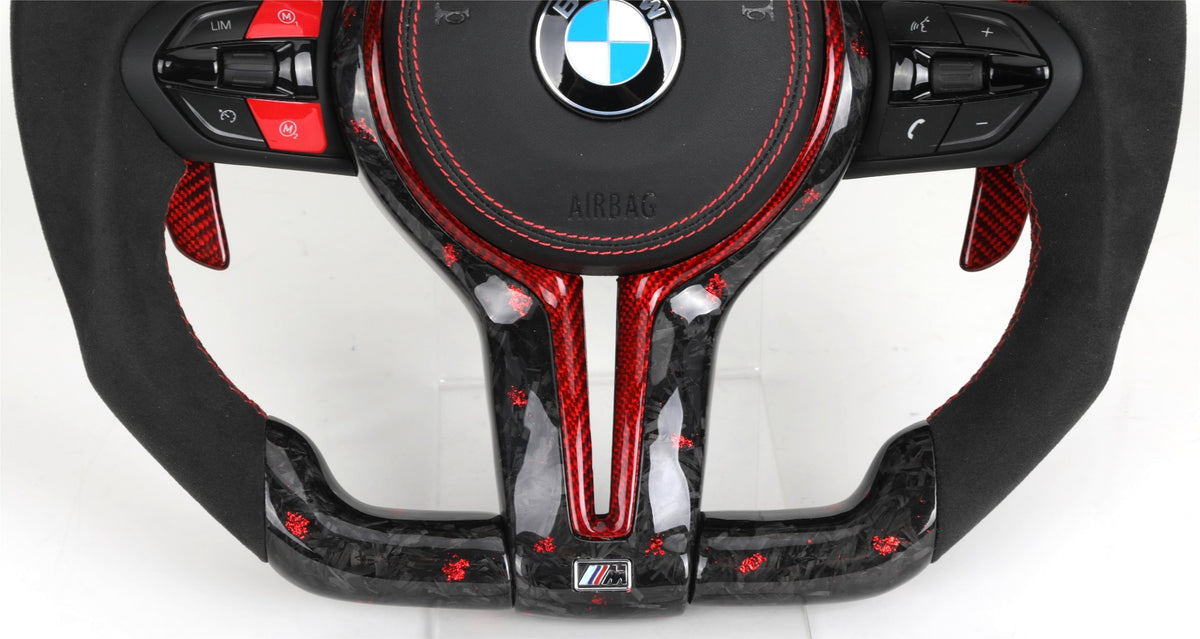 Volante BMW M Deportivo en Carbono Forjado Rojo y Alcantara | Pantalla LED, Botones M1/M2, Levas y Airbag