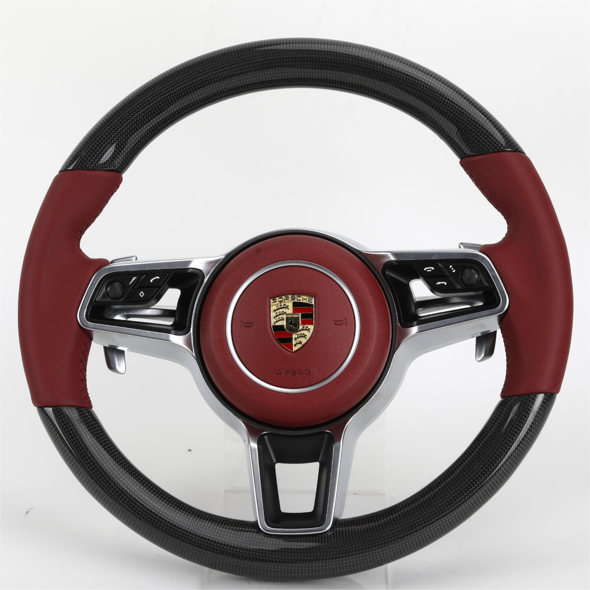 Volante Porsche Deportivo en Fibra de Carbono y Cuero Rojo | Levas, Multifunción, Airbag Rojo y Acabados Metálicos