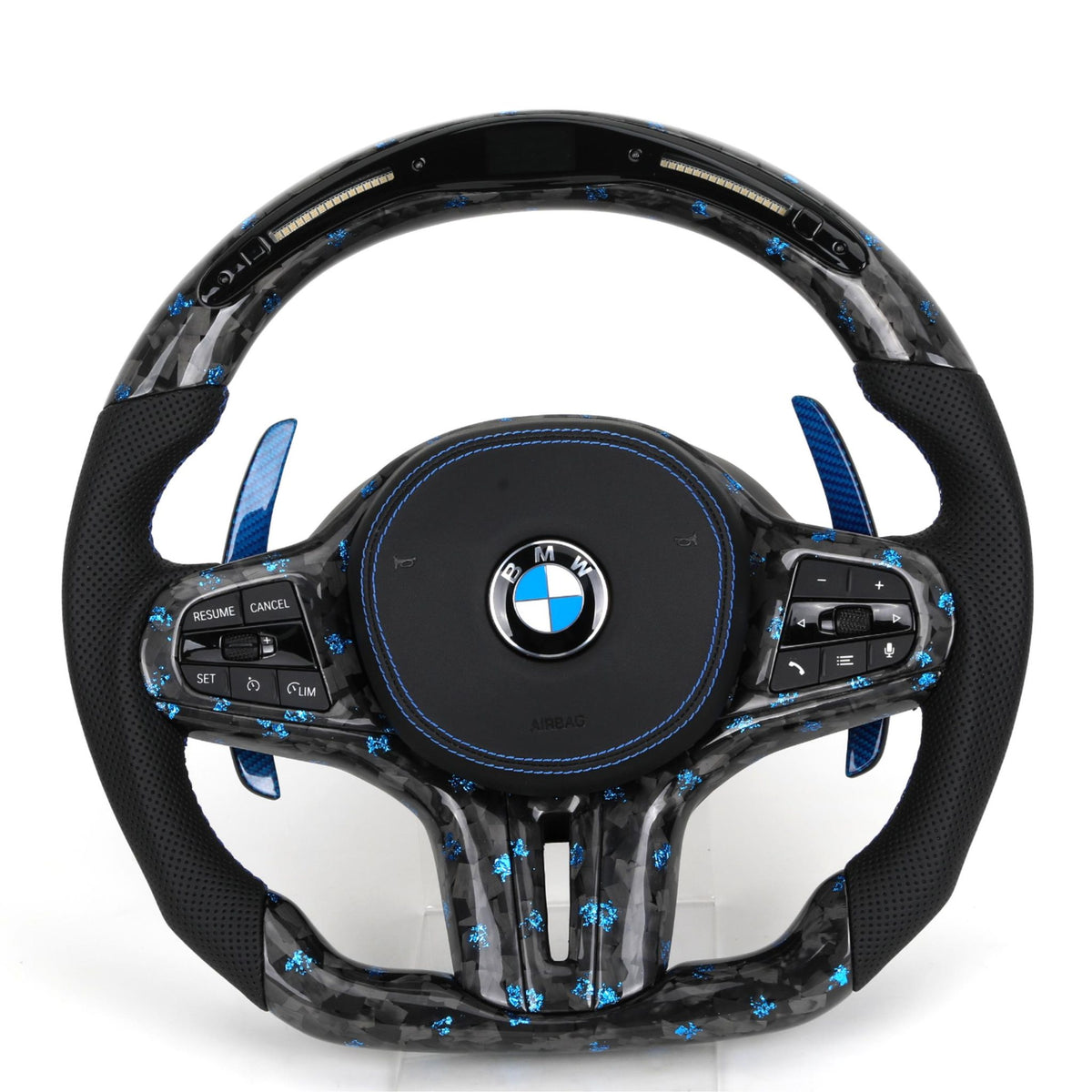 Volante BMW Deportivo en Carbono Forjado con Detalles Azules | Pantalla LED, Levas de Carbono Azul, Fondo Plano y Airbag