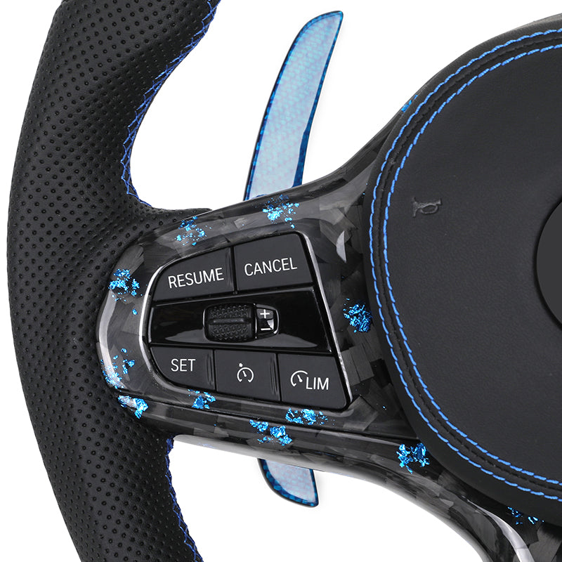Volante BMW Deportivo en Carbono Forjado con Detalles Azules | Pantalla LED, Levas de Carbono Azul, Fondo Plano y Airbag
