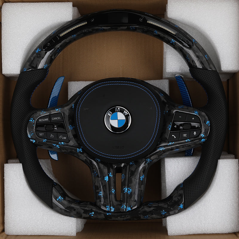 Volante BMW Deportivo en Carbono Forjado con Detalles Azules | Pantalla LED, Levas de Carbono Azul, Fondo Plano y Airbag