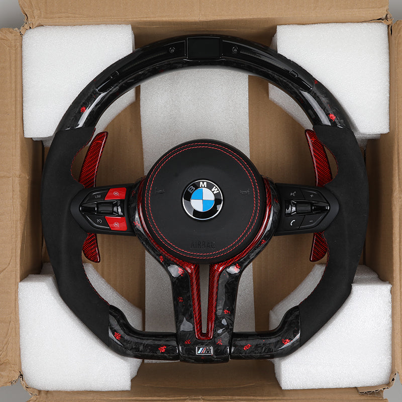 Volante BMW M Deportivo en Carbono Forjado Rojo y Alcantara | Pantalla LED, Botones M1/M2, Levas y Airbag