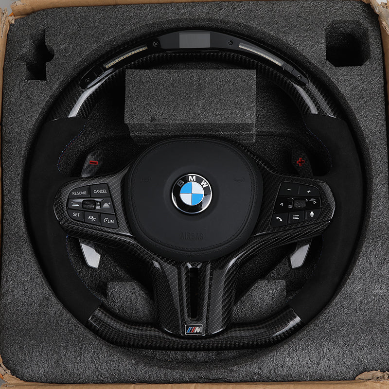Volante BMW M Deportivo en Fibra de Carbono y Alcántara | Pantalla LED, Levas de Carbono, Fondo Plano y Airbag