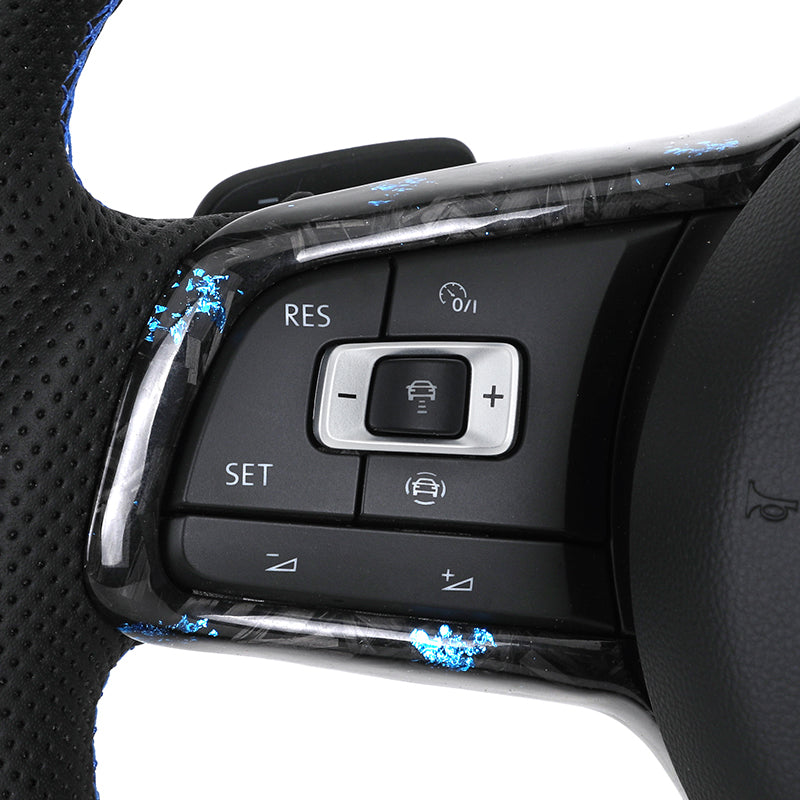 Volante Volkswagen R Performance en Fibra de Carbono Negro con Costuras Azules, Levas DSG y Multifunción