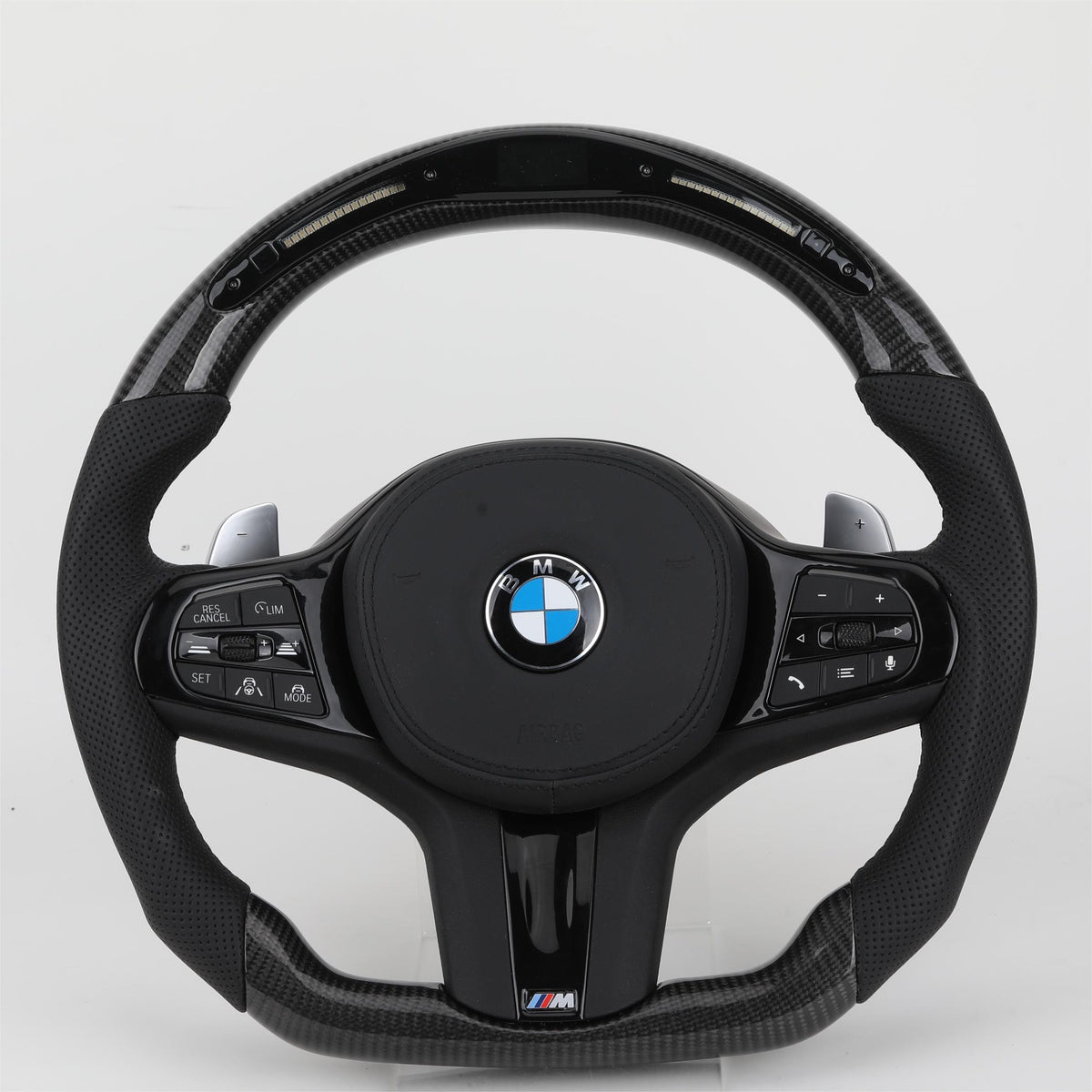 Volante BMW M Deportivo en Fibra de Carbono y Cuero Perforado | Display LED, Levas, Multifunción, Airbag y Fondo Plano
