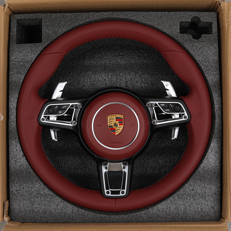 Volante Porsche Deportivo | Cuero Rojo Burdeos, Cromado y Levas
