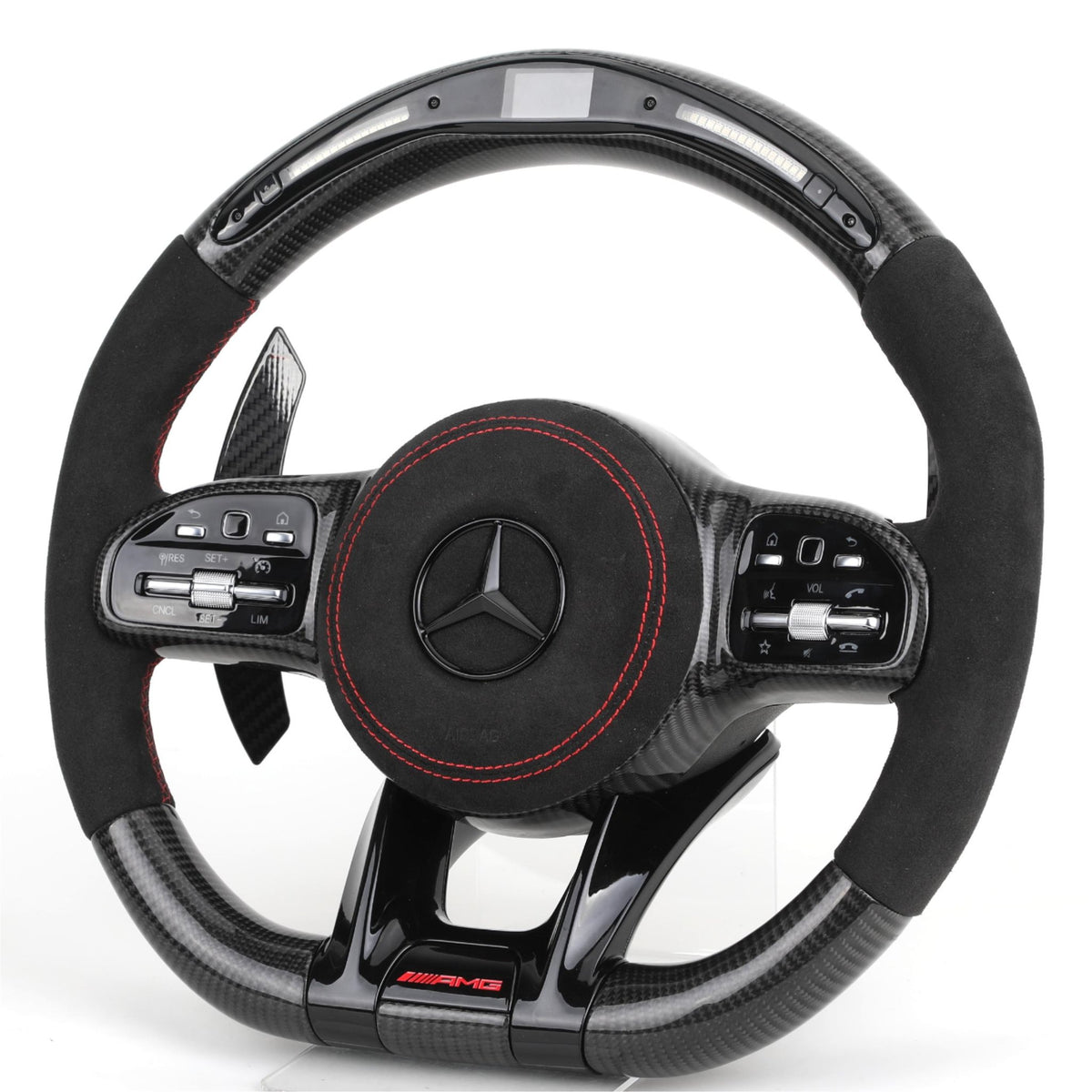 Volante Mercedes-AMG Deportivo en Carbono y Alcántara | Pantalla LED, Levas de Carbono, Costuras Rojas y Airbag