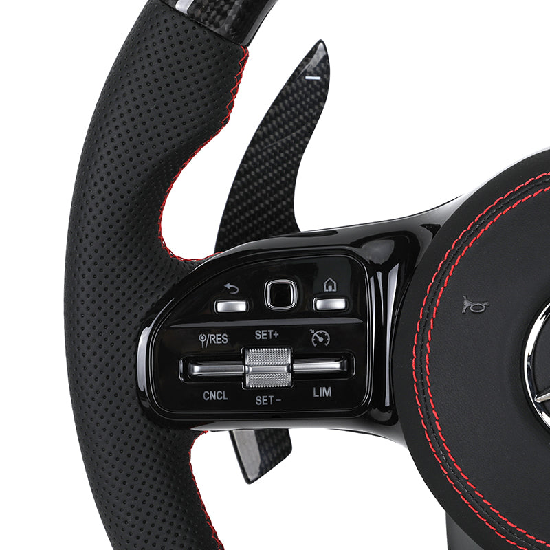Volante Mercedes-AMG Performance en Fibra de Carbono y Cuero Perforado | Display LED, Dos Levas de Carbono, Multifunción y Airbag