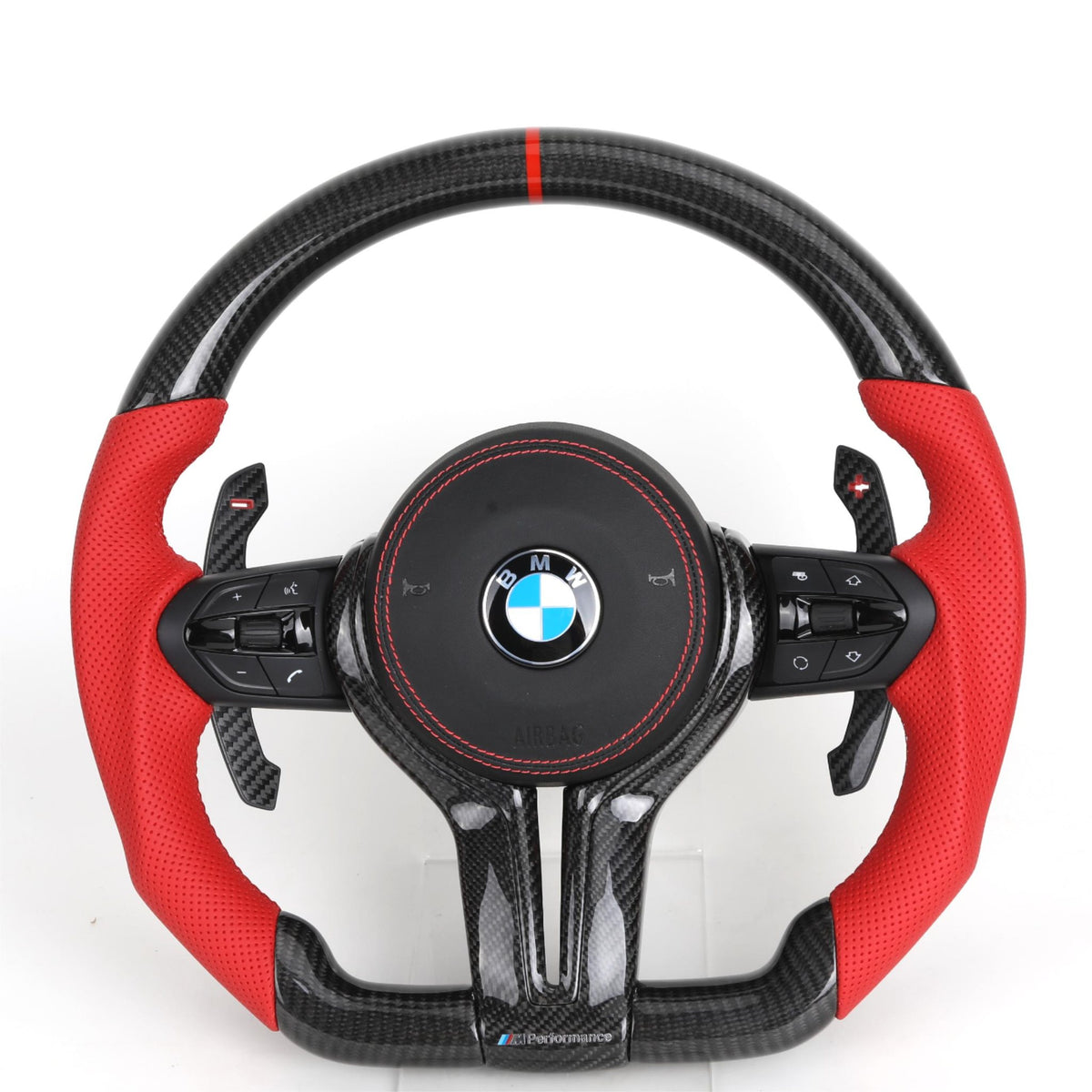 Volante Deportivo BMW M Performance de Carbono y Cuero Rojo Perforado con Levas y Airbag Incluido