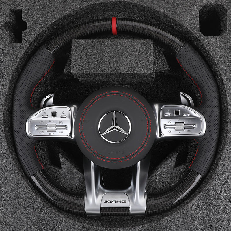 Volante Mercedes AMG Carbono Negro + Plata | Costura Roja + Levas