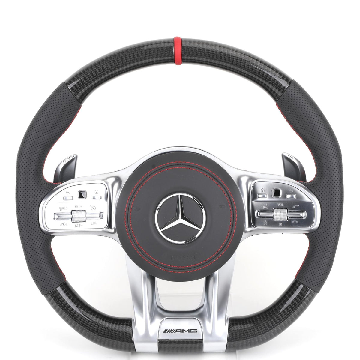 Volante Mercedes AMG Carbono Negro + Plata | Costura Roja + Levas