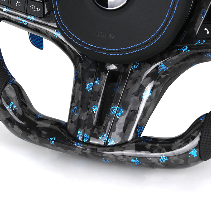 Volante BMW Deportivo en Carbono Forjado con Detalles Azules | Pantalla LED, Levas de Carbono Azul, Fondo Plano y Airbag