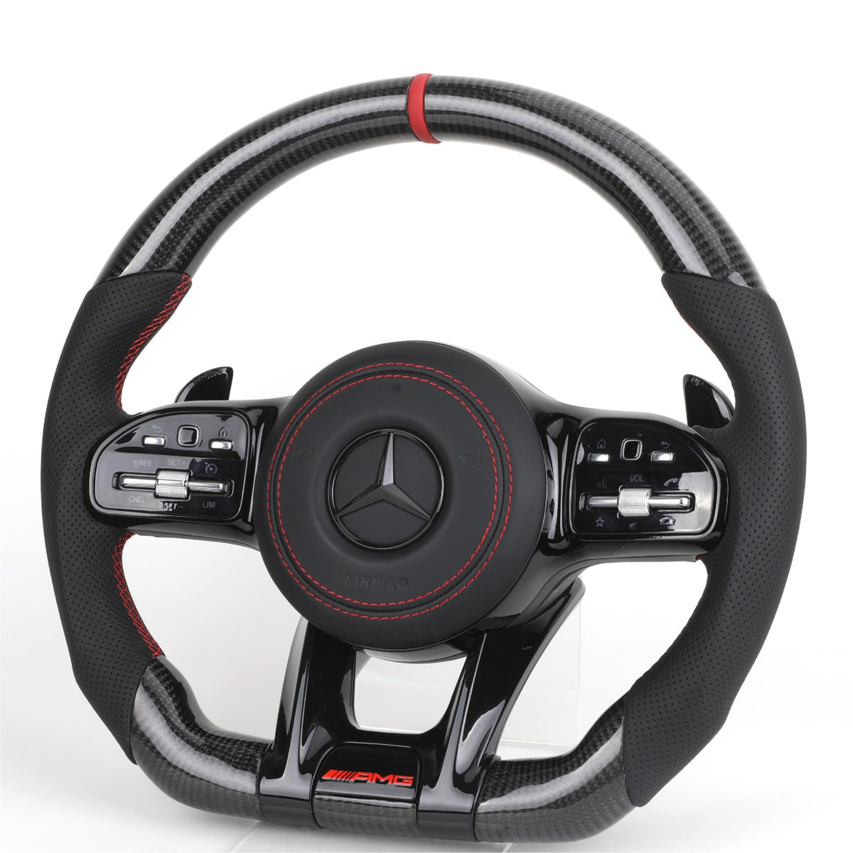 Volante Mercedes-AMG Performance | Carbono Brillo, Cuero Negro y Detalles Rojos