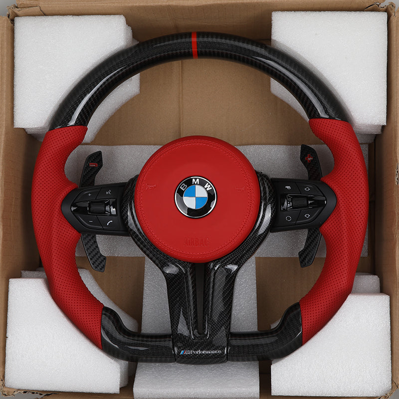 Volante Deportivo BMW M Performance de Carbono y Cuero Rojo Perforado con Levas y Airbag Incluido