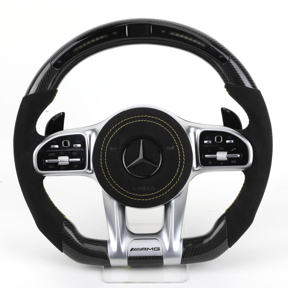 Volante Mercedes-AMG Performance en Fibra de Carbono y Microfibra con Levas, Pantalla LED y Multifunción