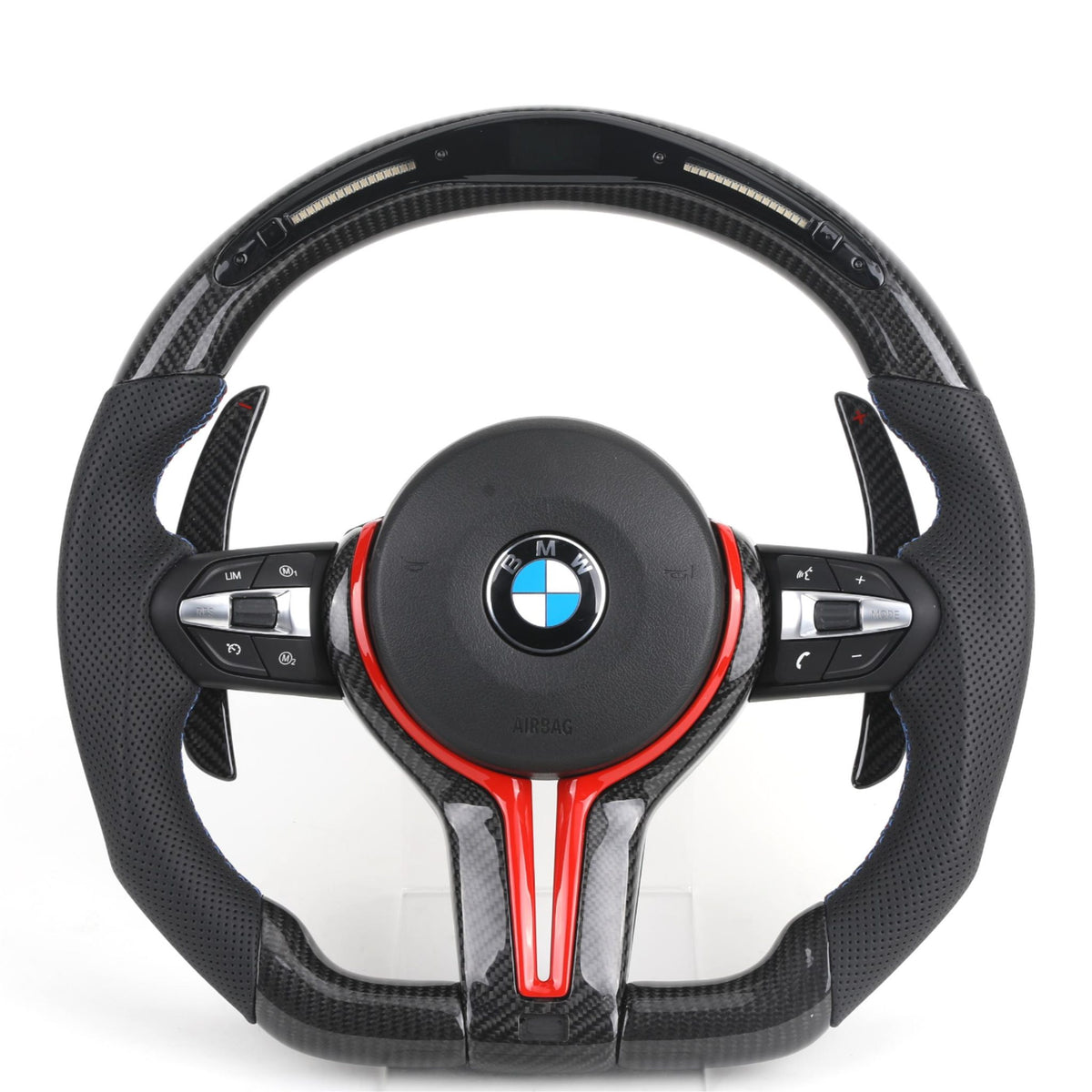 Volante BMW M Performance en Fibra de Carbono, Alcantara Perforada, Levas Rojas y Botones M1/M2