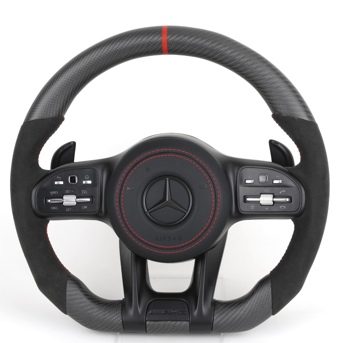 Volante Mercedes-AMG Performance en Fibra de Carbono y Microfibra con Levas, Multifunción y Costuras Rojas