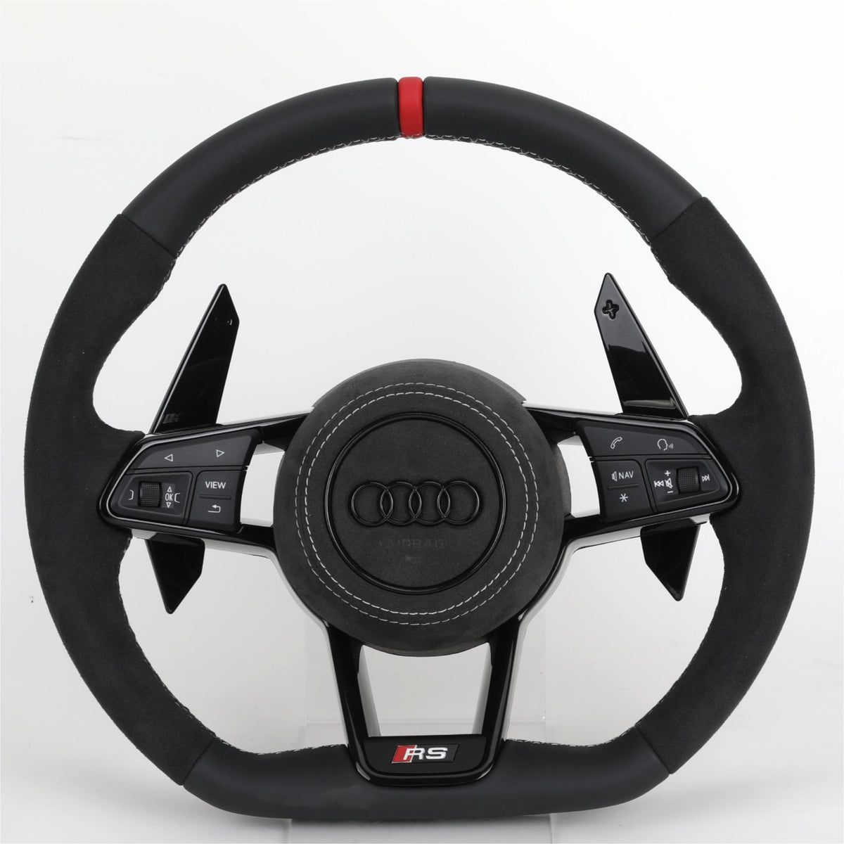 Volante Audi RS en Alcantara Negro con Costuras Blancas, Levas y Multifunción