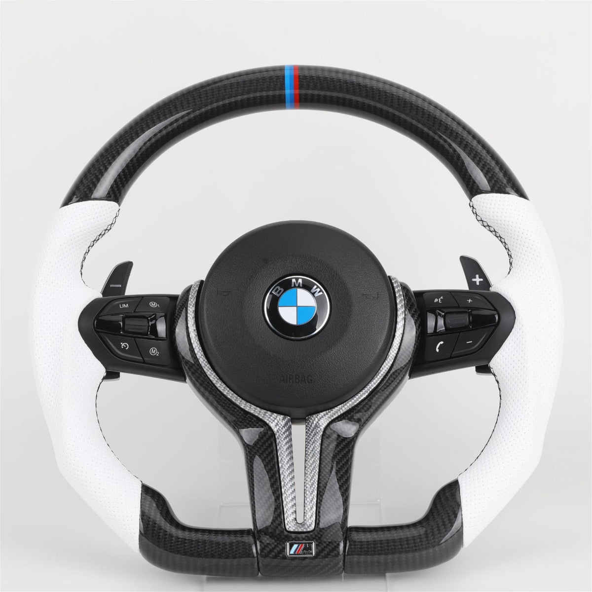 Volante BMW M Performance en Fibra de Carbono y Cuero Blanco Perforado con Levas, M1/M2 y Multifunción