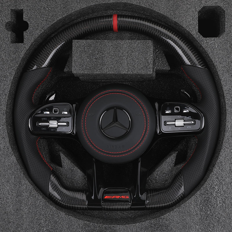 Volante Mercedes-AMG Performance | Carbono Brillo, Cuero Negro y Detalles Rojos