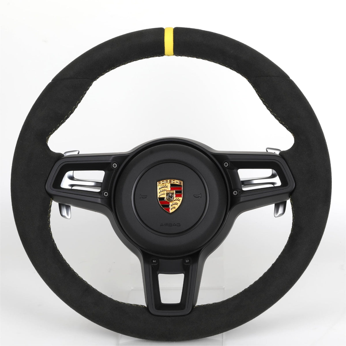 Volante Porsche Deportivo en Alcántara Negra | Marcador Amarillo, Levas de Cambio, Aro Redondo y Airbag