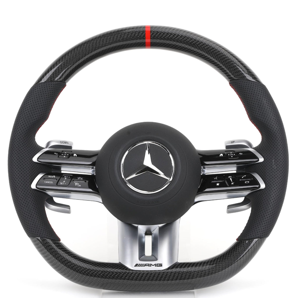 Volante Mercedes-AMG Performance en Fibra de Carbono y Cuero Perforado | Levas, Multifunción, Airbag y Detalles Rojos