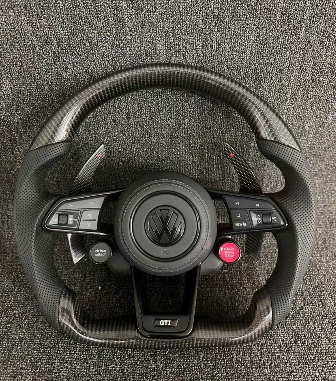 Volante Volkswagen GTI Deportivo en Fibra de Carbono y Piel Perforada | Levas de Carbono, Drive Select, Botón Start, Fondo Plano y Airbag