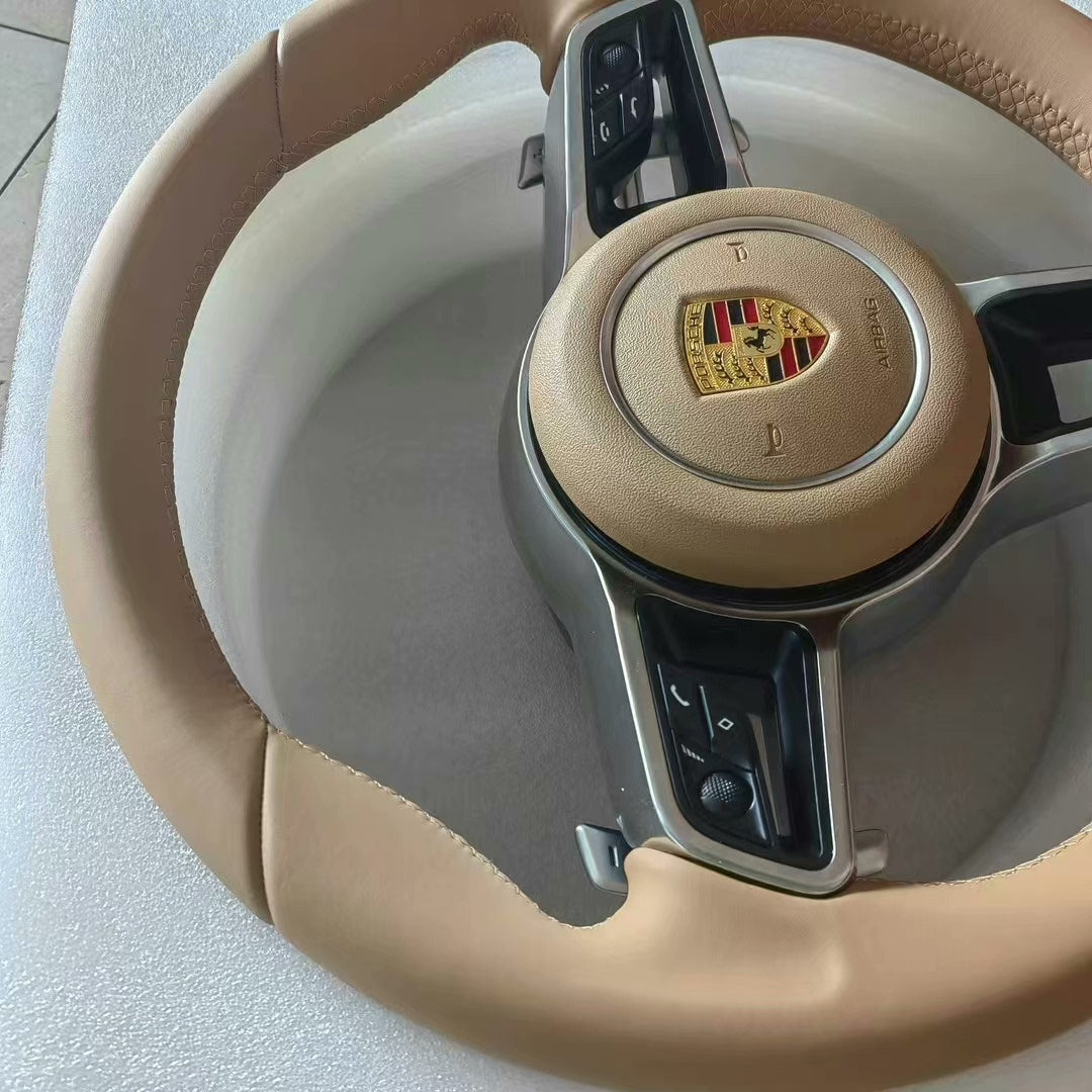 Volante Porsche en Cuero Beige Camel | Levas de Cambio, Mandos Multifunción, Radios Metalizados y Airbag