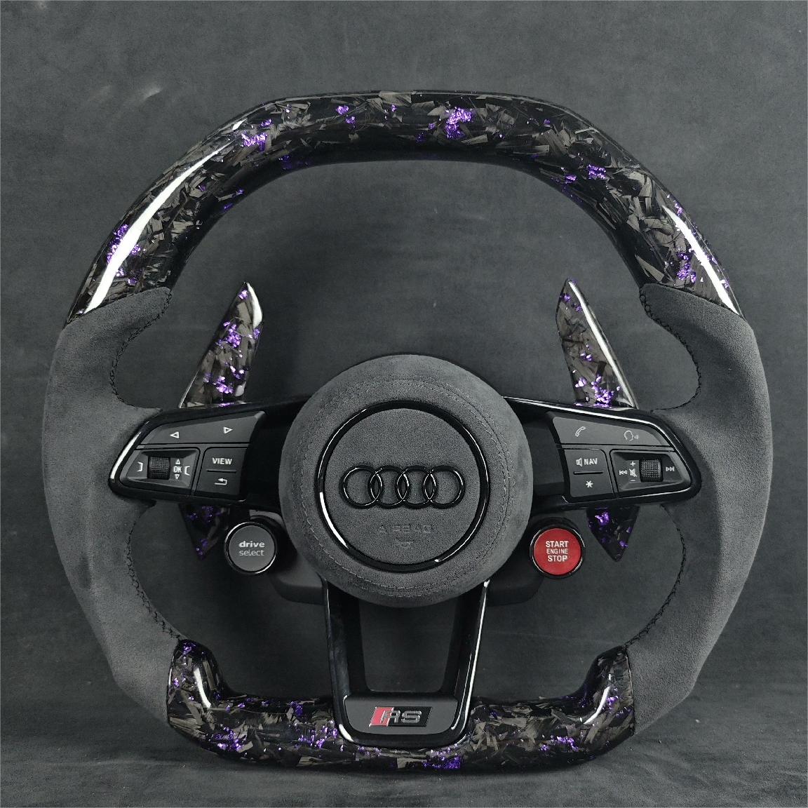 Volante Audi RS Deportivo en Carbono Forjado con Detalles Morados y Alcántara Gris | Levas, Drive Select, Start Engine Stop, Multifunción y Airbag