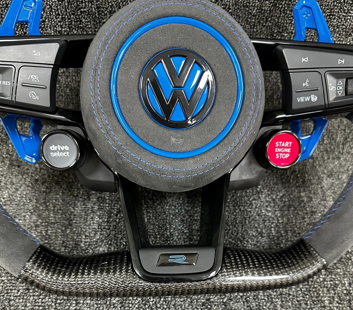 Volante Volkswagen R Deportivo en Fibra de Carbono y Alcántara Gris | Levas Azules, Drive Select, Start Engine Stop, Multifunción y Airbag