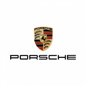Porsche crest emblem and official wordmark logo on a white background.