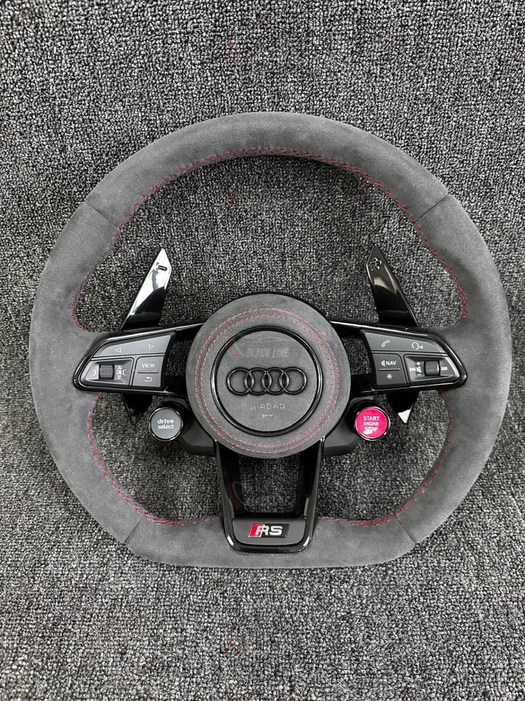 Volante Audi RS Deportivo en Alcántara Gris con Costuras Rojas | Levas Drive Select Start/Stop Fondo Plano y Airbag