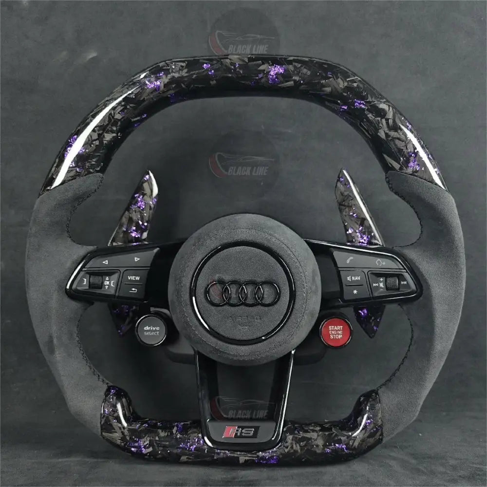 Volante Audi RS Deportivo en Carbono Forjado con Detalles Morados y Alcántara Gris | Levas Drive Select Start Engine