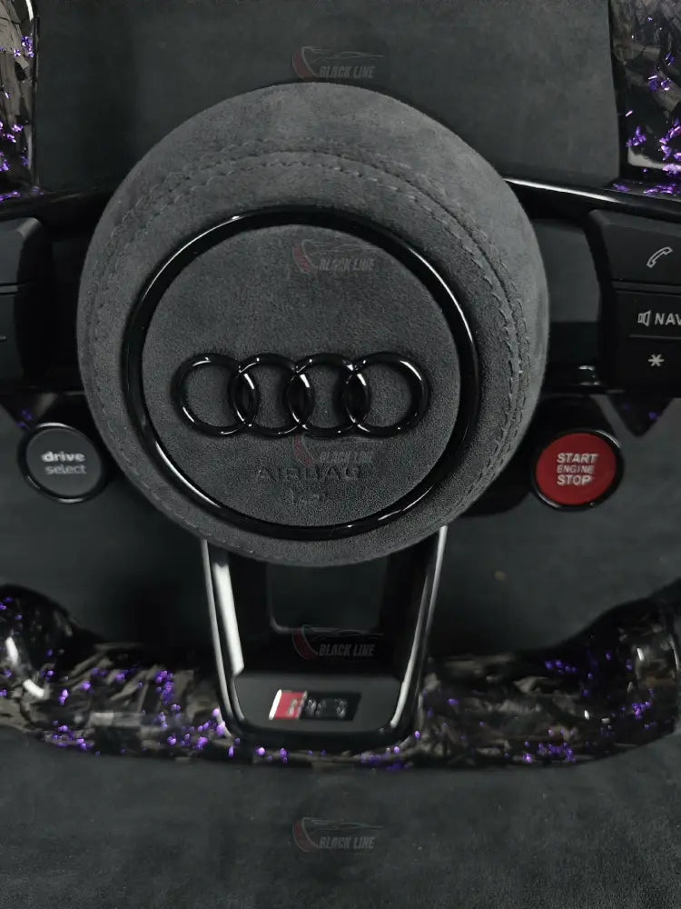 Volante Audi RS Deportivo en Carbono Forjado con Detalles Morados y Alcántara Gris | Levas Drive Select Start Engine