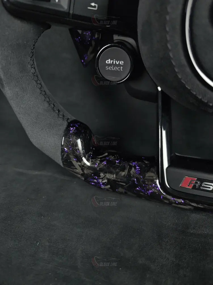 Volante Audi RS Deportivo en Carbono Forjado con Detalles Morados y Alcántara Gris | Levas Drive Select Start Engine
