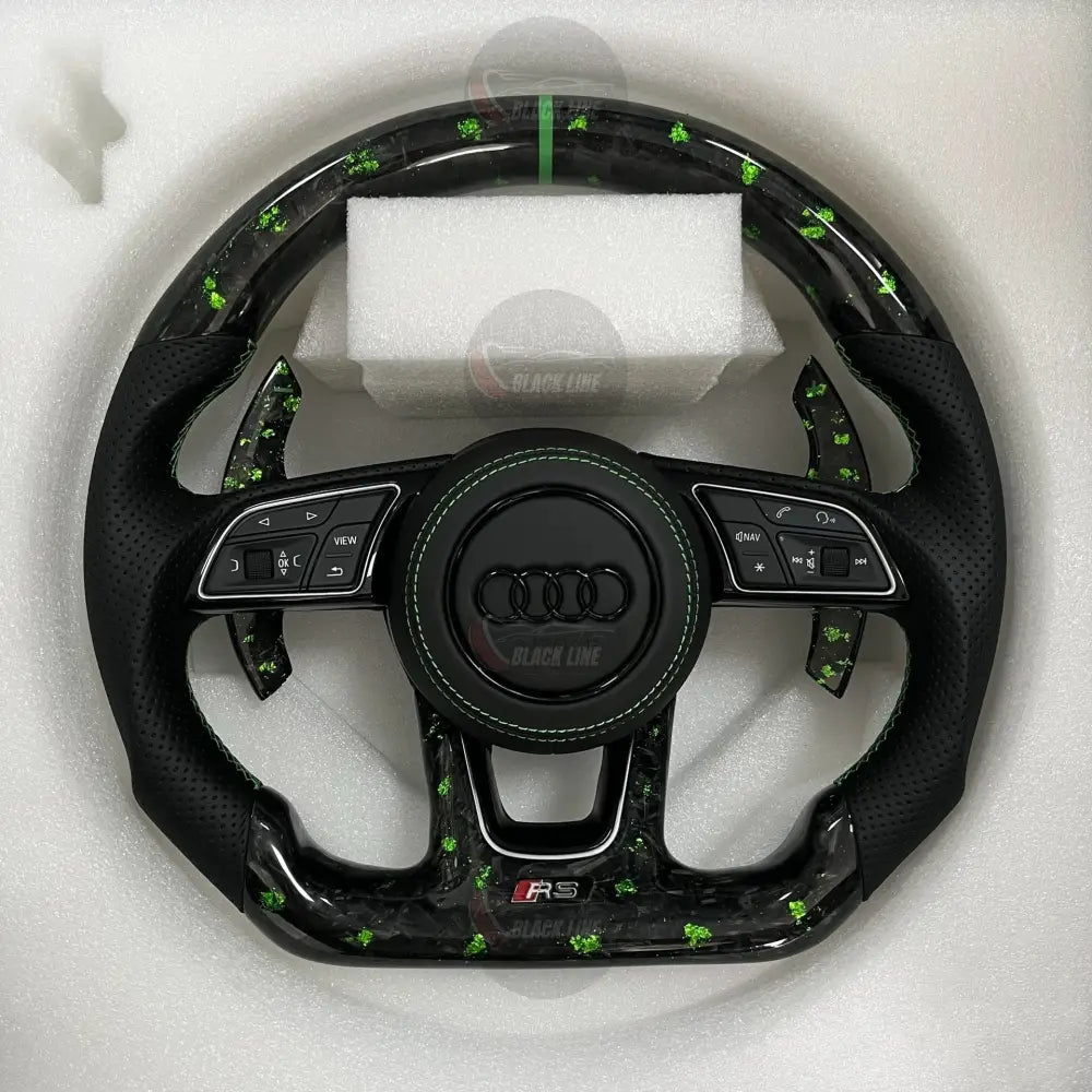 Volante Audi RS Personalizado en Carbono Forjado Verde y Cuero Perforado con Airbag Incluido
