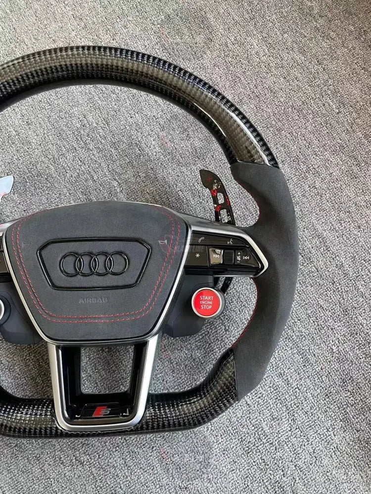 Volante Audi S Deportivo en Fibra de Carbono y Alcántara Negro | Costuras Rojas Levas Drive Select Start/Stop y Airbag