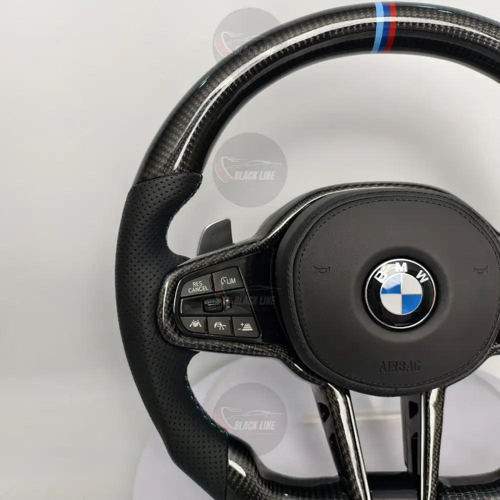 Volante BMW M de Carbono y Cuero Perforado | Base Plana Levas de Cambio Mandos Multifunción y Airbag