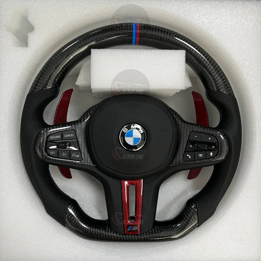 Volante BMW M Deportivo en Fibra de Carbono y Cuero Perforado | Levas de Carbono Rojo Multifunción Airbag y Detalles M