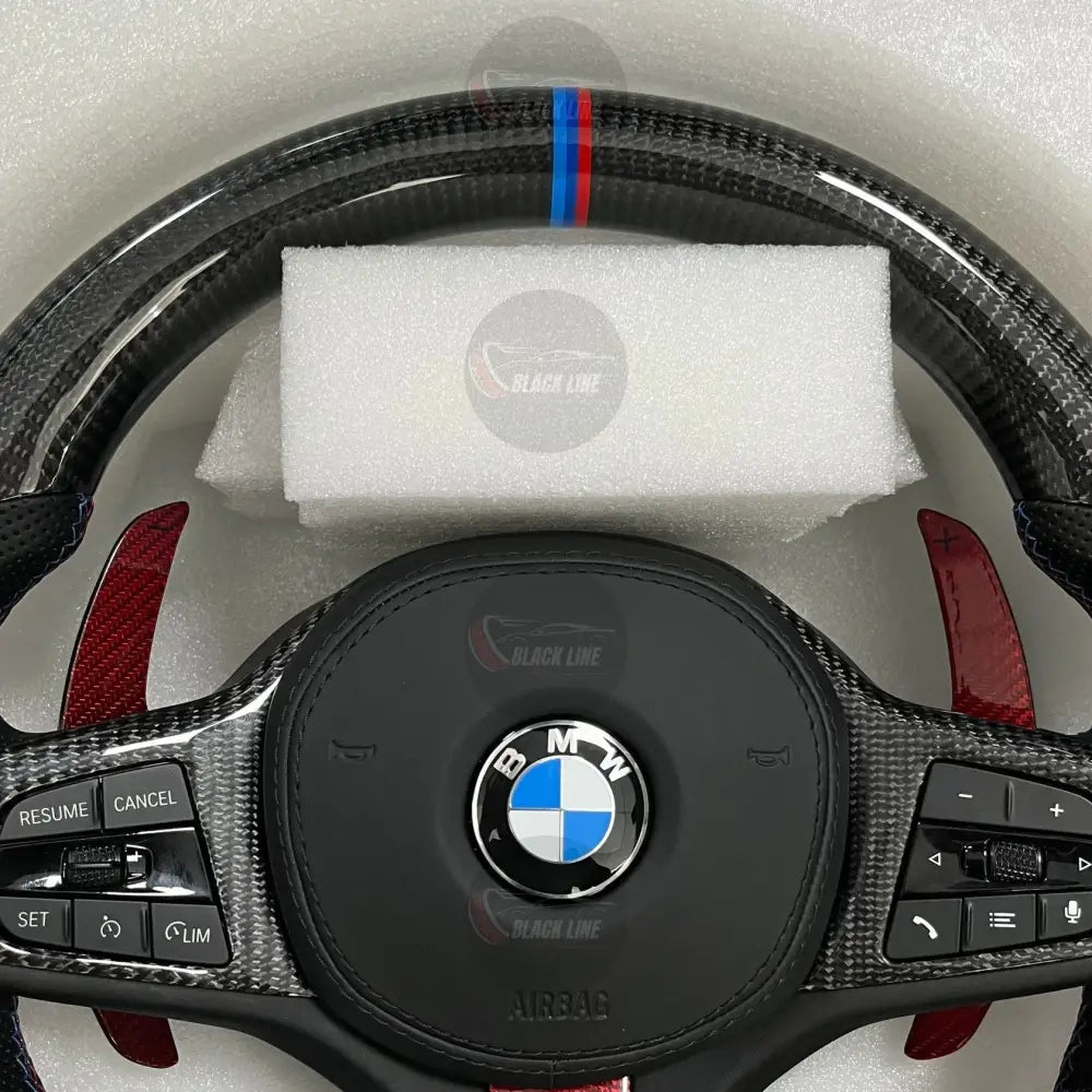 Volante BMW M Deportivo en Fibra de Carbono y Cuero Perforado | Levas de Carbono Rojo Multifunción Airbag y Detalles M