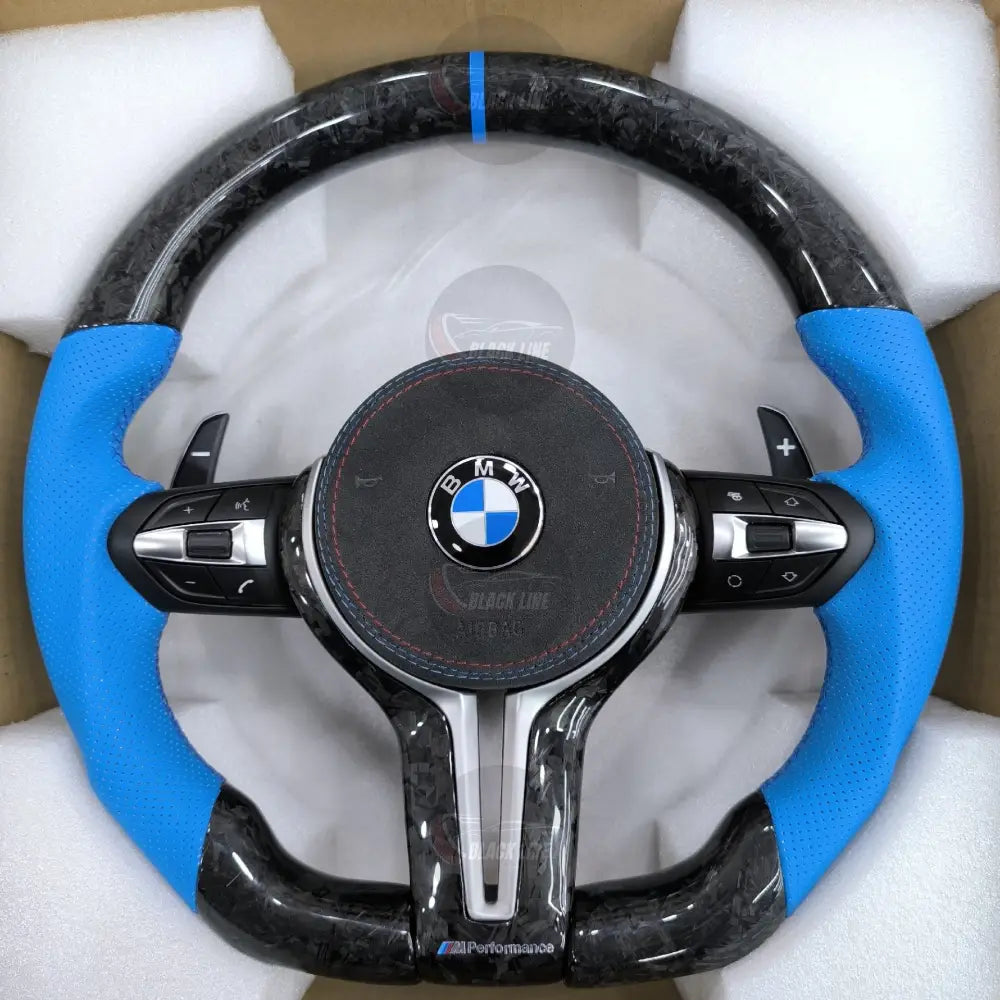 Volante BMW M Performance Deportivo en Carbono Forjado y Piel Azul | Levas de Cambio Fondo Plano Mandos Multifunción y
