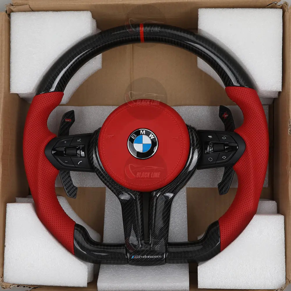 Volante Deportivo BMW M Performance de Carbono y Cuero Rojo Perforado con Levas y Airbag Incluido