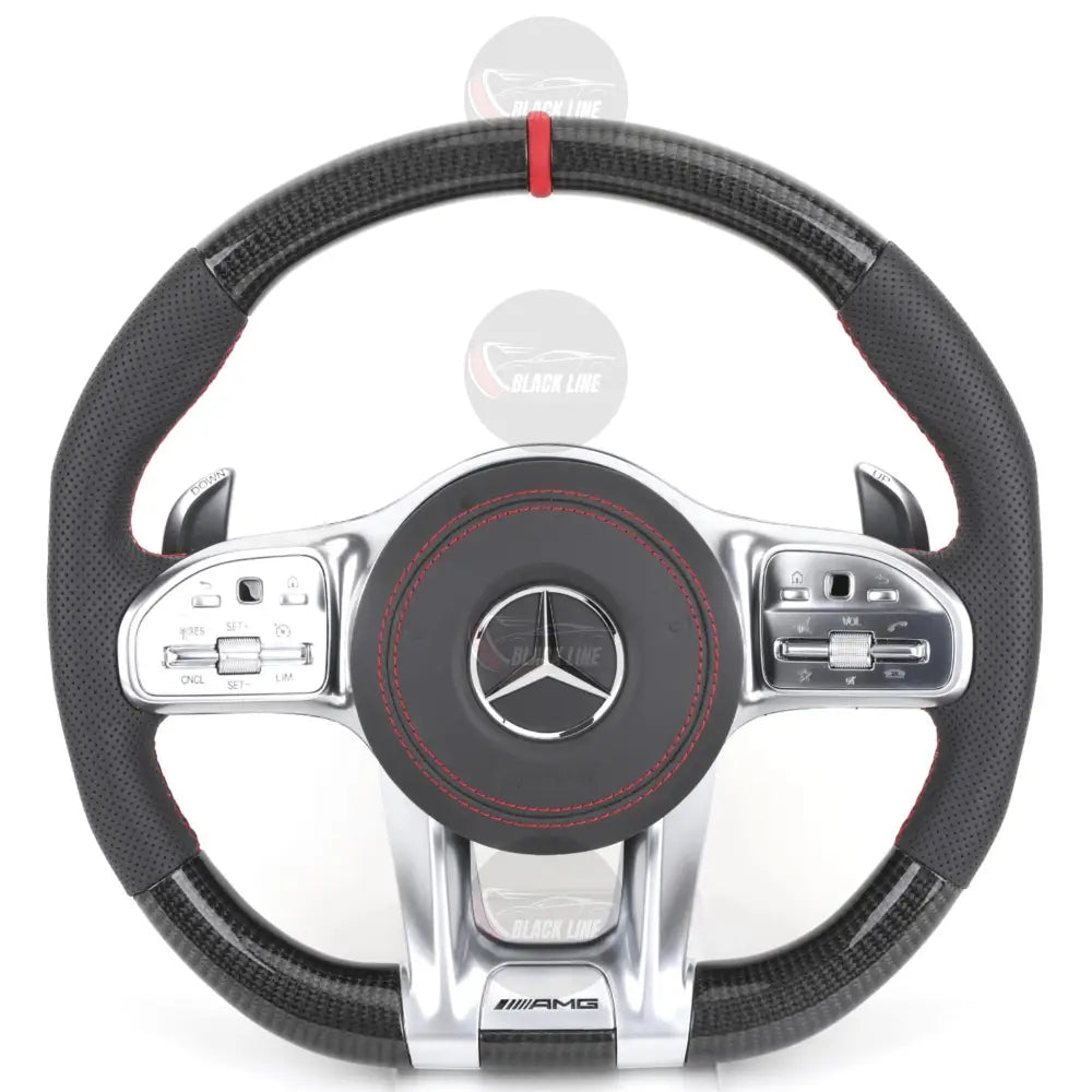 Volante Mercedes AMG Carbono Negro + Plata | Costura Roja + Levas