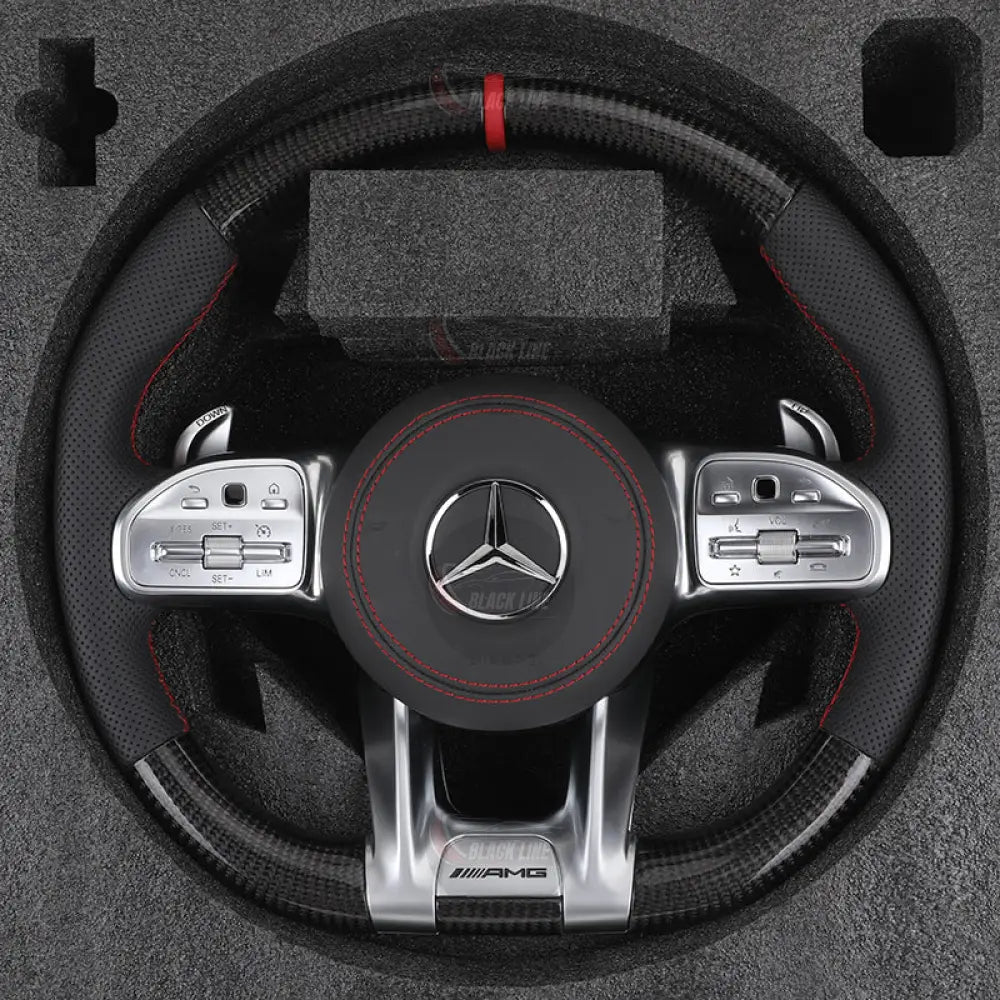Volante Mercedes AMG Carbono Negro + Plata | Costura Roja + Levas