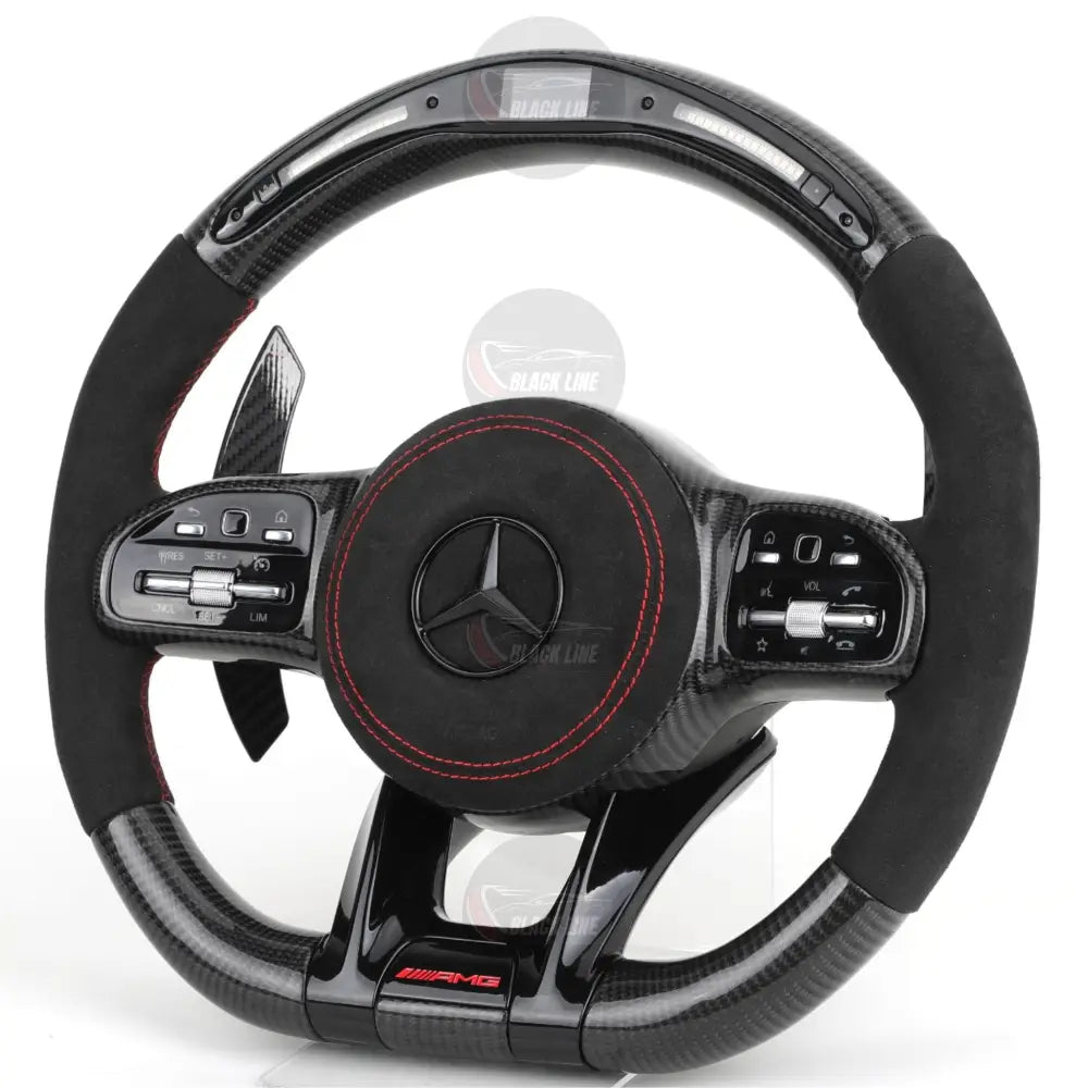 Volante Mercedes-AMG Deportivo en Carbono y Alcántara | Pantalla LED Levas de Carbono Costuras Rojas y Airbag
