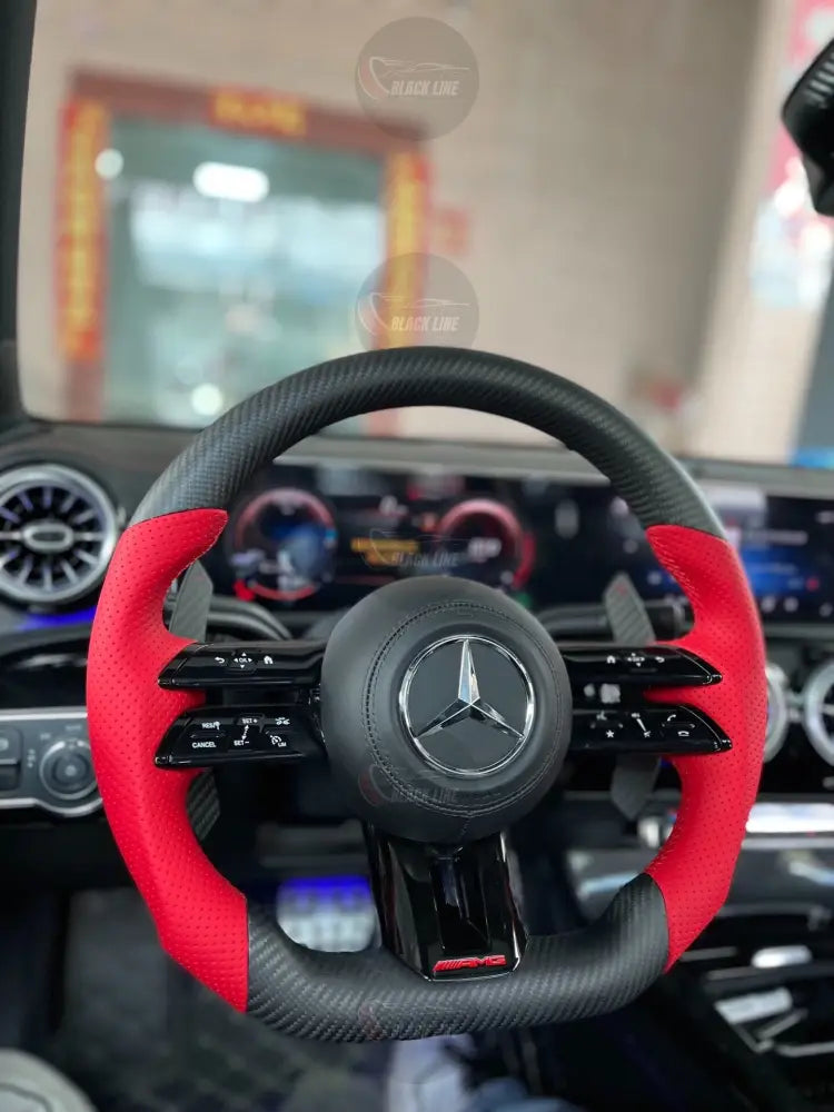 Volante Mercedes-AMG Deportivo en Fibra de Carbono y Cuero Rojo Perforado | Levas Multifunción Fondo Plano y Airbag