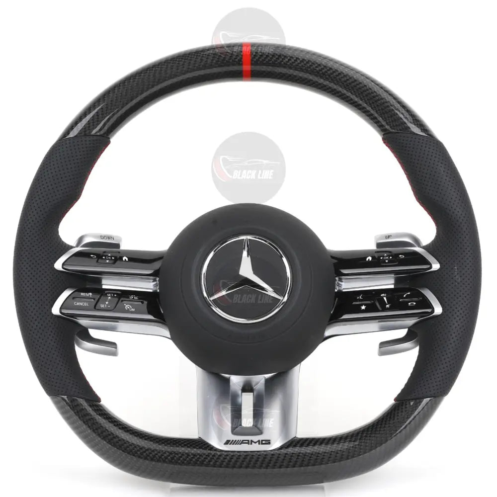 Volante Mercedes-AMG Performance en Fibra de Carbono y Cuero Perforado | Levas Multifunción Airbag y Detalles Rojos