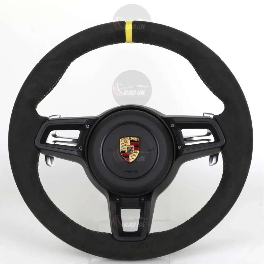 Volante Porsche Deportivo en Alcántara Negra | Marcador Amarillo Levas de Cambio Aro Redondo y Airbag