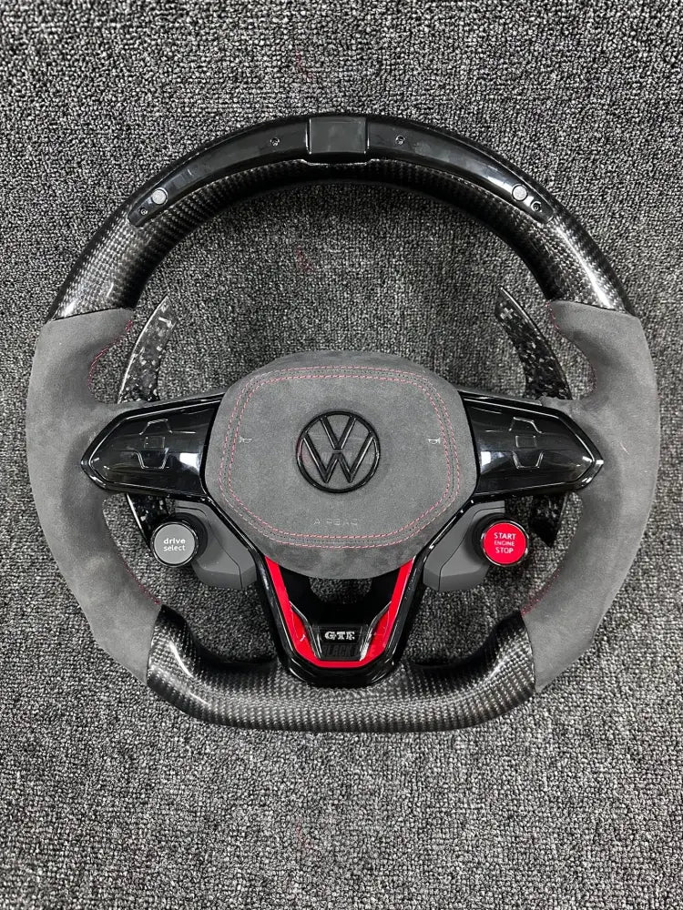 Volante Volkswagen GTI Deportivo en Carbono y Alcántara | Pantalla LED Levas de Carbono Mandos Multifunción Fondo Plano